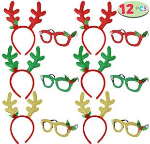 6 Pcs Christmas Reindeer Headbands and 6 Pcs Christmas Party Fancy Glasses Frames Bundle Pack of 12 for Christmas and Holiday Parties (ONE SIZE FIT ALL)