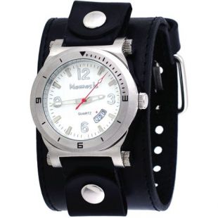 LBB073W Men's White Dial Black Wide Leather Cuff Band Analog Watch