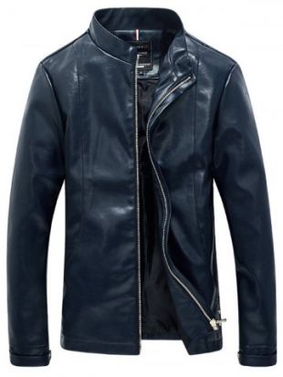 rosegal - Solid Color Faux Leather Zip Up Stand Collar Jacket For Men