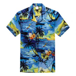 NWT Aloha Shirt Cruise Tropical Luau Beach Hawaiian Party Blue Sunset Palm Tree  | eBay