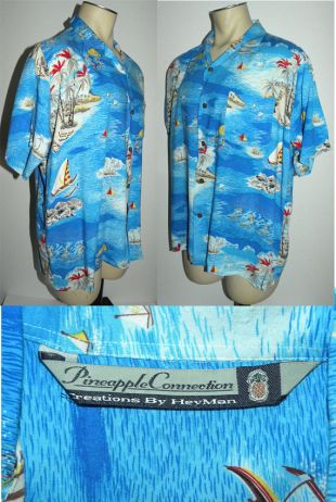 1980 s 90 s rayon chemise hawaïenne Bright Blue voile bateaux Ocean Print vintage pour hommes / poitrine 52" L/XL