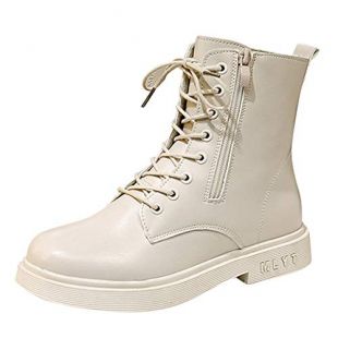 Womens Low Heel Motorcycle Boots | Ladies Fashion Lace Up PU Leather Combat Ankle Booties | Casual Round Toe Short Shoes