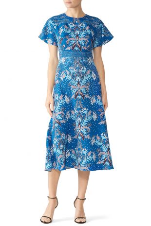 Blue Floral Print Midi Dress