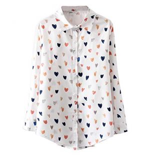 Women's Fall Top Heart Print Button Down Classic Collar Retro Shirt Blouse Tunic (L, White)