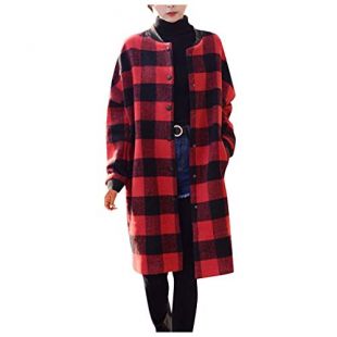 Women Long Coat Ladies Autumn Winter Plaid Print Long Sleeve Button Loose Maxi Jacket Overcoat Outwear