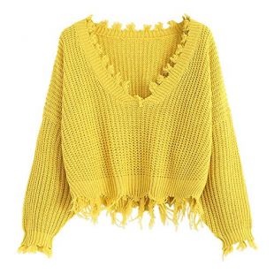 ZAFUL Women's Loose Long Sleeve V-Neck Ripped Pullover Knit Sweater Crop Top (Yellow)