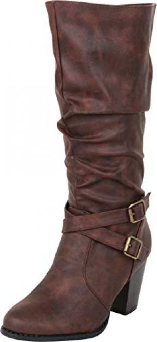 Cambridge Select Women's Slouch Crisscross Strappy Chunky High Heel Mid-Calf Boot,7.5 B(M) US,Brown PU