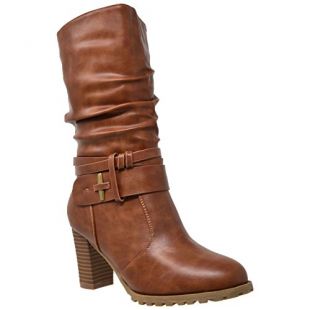 Generation Y Women's Mid Calf Boots Ruched Strappy Stacked Block Heels Booties Brown PU Size 10