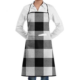 Durable Polyester Chef Bib Aprons Water Resistant Kitchen Apron With Roomy Pocket - Black White Plaid For Baking Salon, Kitchen Machine Washable