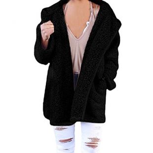 Ladies Womens Hooded Cardigan Soft Fuax Teddy Sherpa Fleece Warm Winter Jumper Hoody Jacket Coats(Black,XL)