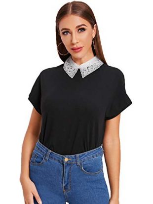 ROMWE Chemisier de Travail à Manches Courtes pour Femme - Noir - Taille XL