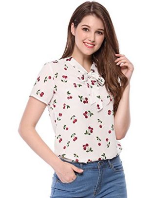 Allegra K - Allegra K Women's Cherry Print Blouse Short Sleeve Tie Neck ...