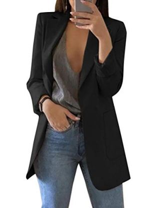 Minetom Femme Blazer Élégant Manches Longues Slim Fit OL Bureau Affaires Veste De Costume Devant Ouvert Manteau Cardigan Blouson Jacket A Noir FR 42