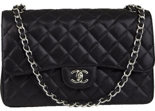 Chanel Classic Double Flap Quilted Caviar Silver-tone Jumbo Black
