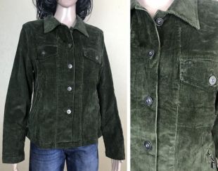 Veste verte En mousse de velours côtelé pour femme par Christopher et Banks, veste verte mousse avec poches zippées, vintage des années 90, Taille M.