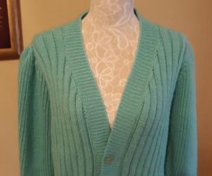 Vintage des années 90 à la main en tricot Cardigan de laine vert Turquoise taille L/XL