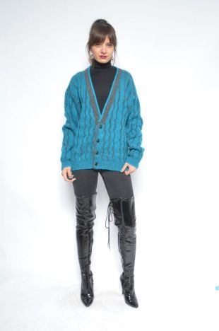Cardigan en laine bouton / Vintage des années 80 d’hiver floue Turquoise homme pull - taille moyenne