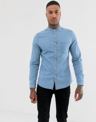 ASOS DESIGN - Chemise ajustée en jean stretch à délavage clair avec col grand-père | ASOS