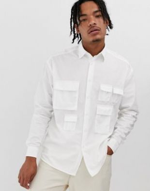 ASOS DESIGN oversized white poplin shirt with utility pockets in white | ASOS