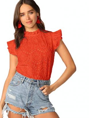 ROMWE Blusa de algodón sin Mangas con Volantes y Cuello Alto y Botones Bordados para Mujer - Naranja - Large