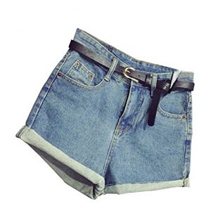 SaiDeng Femmes Vintage Taille Haute Courts Jeans Denim Shorts avec Ceinture