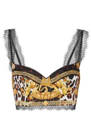 Lace Trimmed Printed Silk Bra Top