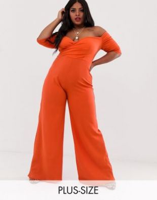 Club L London Plus - Combinaison large à encolure Bardot - Orange | ASOS