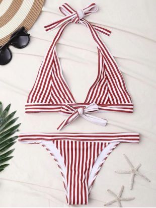 Zaful - Red Striped Bikini with Straps