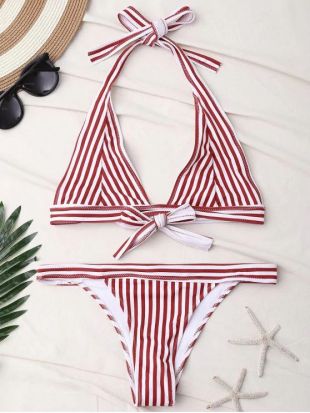 Red Striped Bikini with Straps