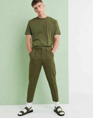 ASOS DESIGN pleated tapered crop smart trousers in olive green | ASOS