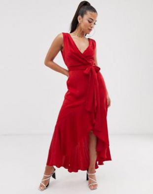 Flounce London Petite - Robe portefeuille en satin longueur cheville - Rouge tomate | ASOS