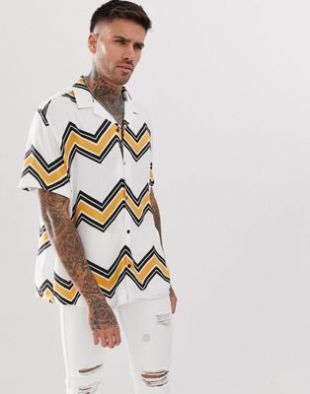 ASOS DESIGN relaxed fit chevron stripe shirt with revere collar in white | ASOS