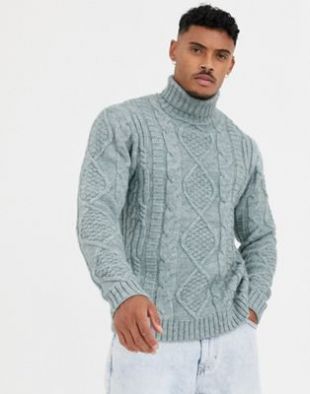 ASOS DESIGN heavyweight cable knit roll neck jumper in light grey | ASOS