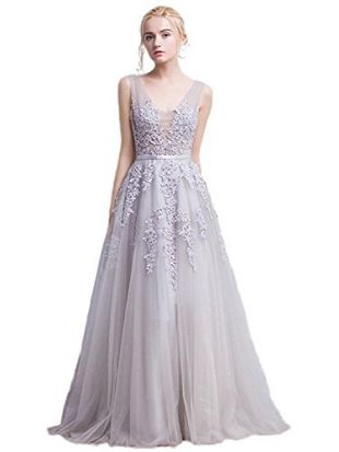 Babyonlinedress Women's Double V-Neck Lace Applique Tulle Wedding Gown Dresses (Silver,12)