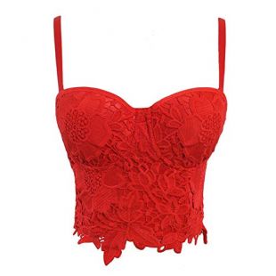 She'sModa Women's Froal Lace Bustier Corset Club Crop Top Vest with Adjustable and Removable Straps Large Red