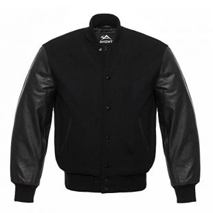 Solid Black Letterman Baseball Varsity Sports Bomber School College Jacket Genuine Leather Sleeves Blind Black Wool