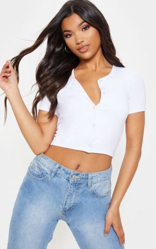 White Button Front Short Sleeve Crop Top