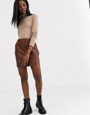 Button through faux leather skirt