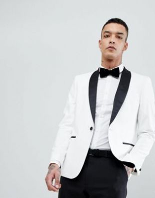 Veste de smoking ajustée avec revers noir contrastant - Blanc