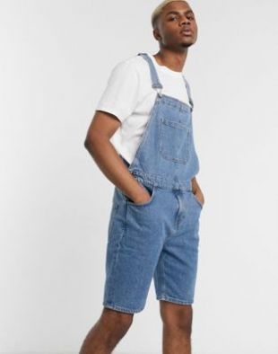 Salopette short en jean à délavage moyen