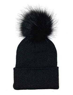 SUNFURA Women's Winter Solid Knitted Ball Hat Faux Fur Pom Pom Ski Beanie Hat