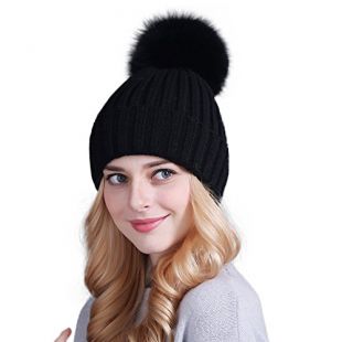 Shirely Baby Winter Women's Genuine Fox Fur Pom Pom Trend Wool Knitted Beanie Hat