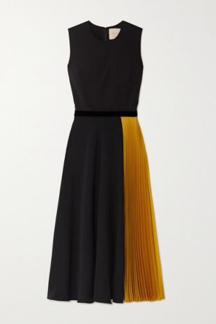 Zahida Color Block Velvet Trimmed Georgette And Silk Satin Midi Dress