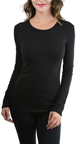 tobeinstyle - Women's Cotton-Blend Crew-Neck Staple Top with Long Sleeves