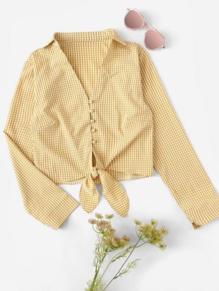 Blouse col V à carreau avec bouton et nœud
