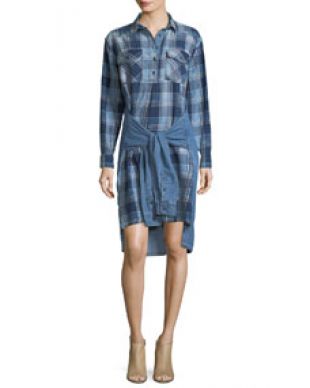 Current/Elliott The Twist High Low Shirt Tie Plaid Denim Dress