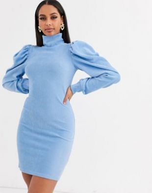 ASOS DESIGN - Robe en velours côtelé à manches bouffantes et col montant | ASOS