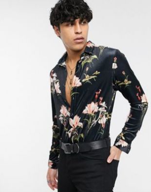 ASOS DESIGN - Chemise ajustée à fleurs en velours stretch - Noir | ASOS