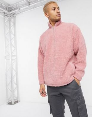 ASOS DESIGN - Sweat-shirt oversize à demi-patte zippée - Rose imitation peau de mouton | ASOS