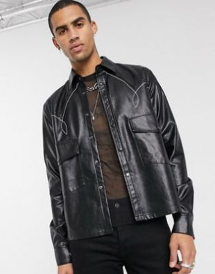 ASOS EDITION faux leather western overshirt in black with contrast stitching | ASOS